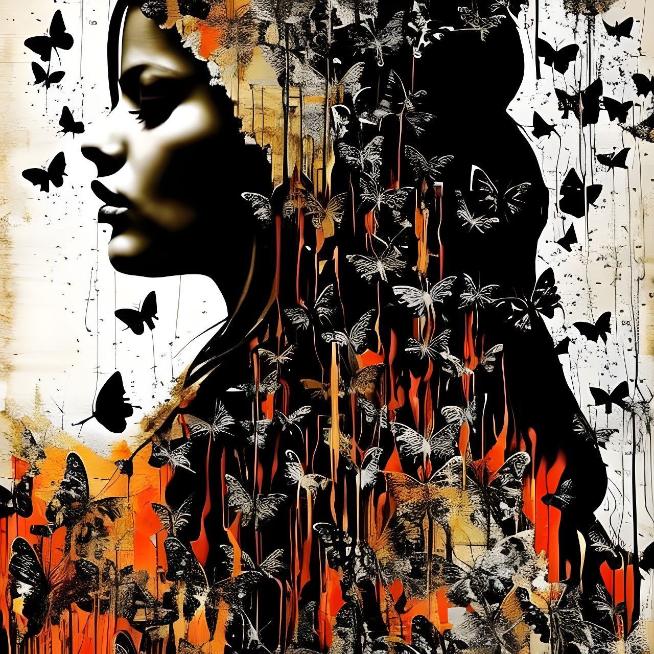Fiery Butterfly Woman: Mixed-Media Collage Portrait