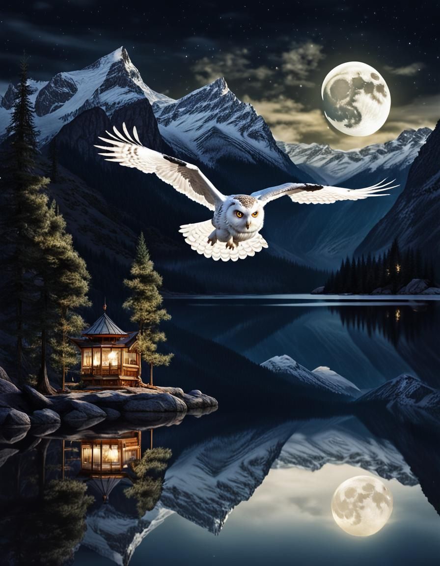 White Owl Soaring Over Moonlit Mountain Lake