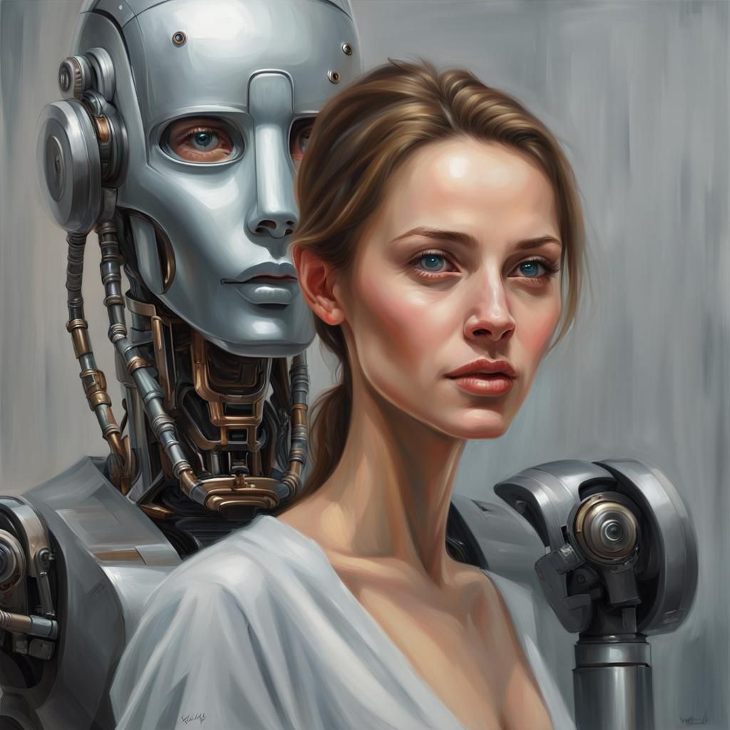 Woman and Robot Painting: Hyperrealistic Digital Art