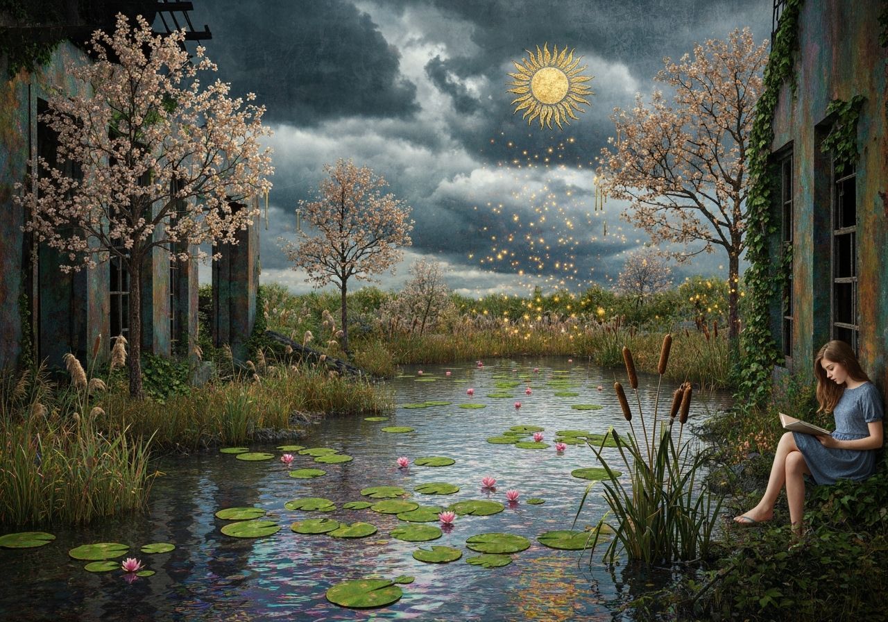 Surreal Girl Reading in Overgrown Metallic Landscape