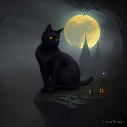 Black Cat with Yellow Eyes Under Moonlight