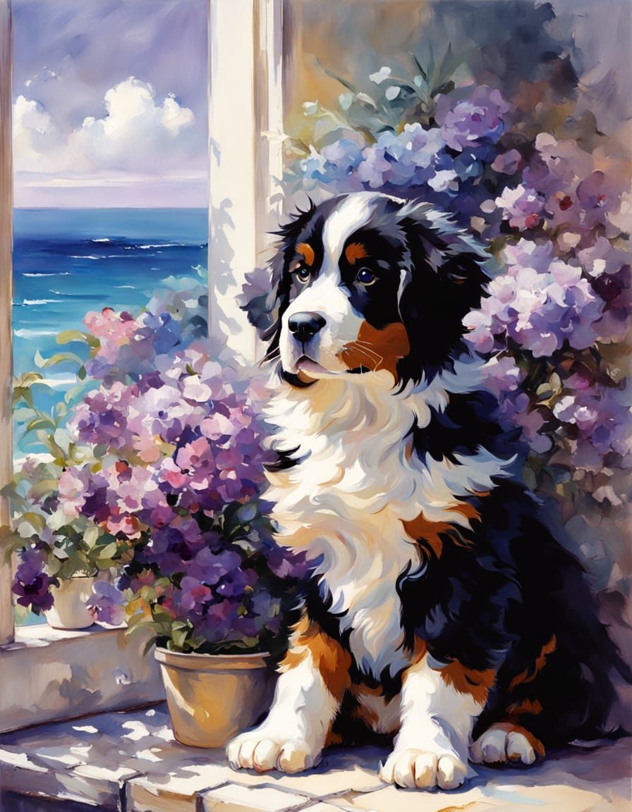 Bernese Puppy and Siamese Kitten on Windowsill with Ocean Vi...