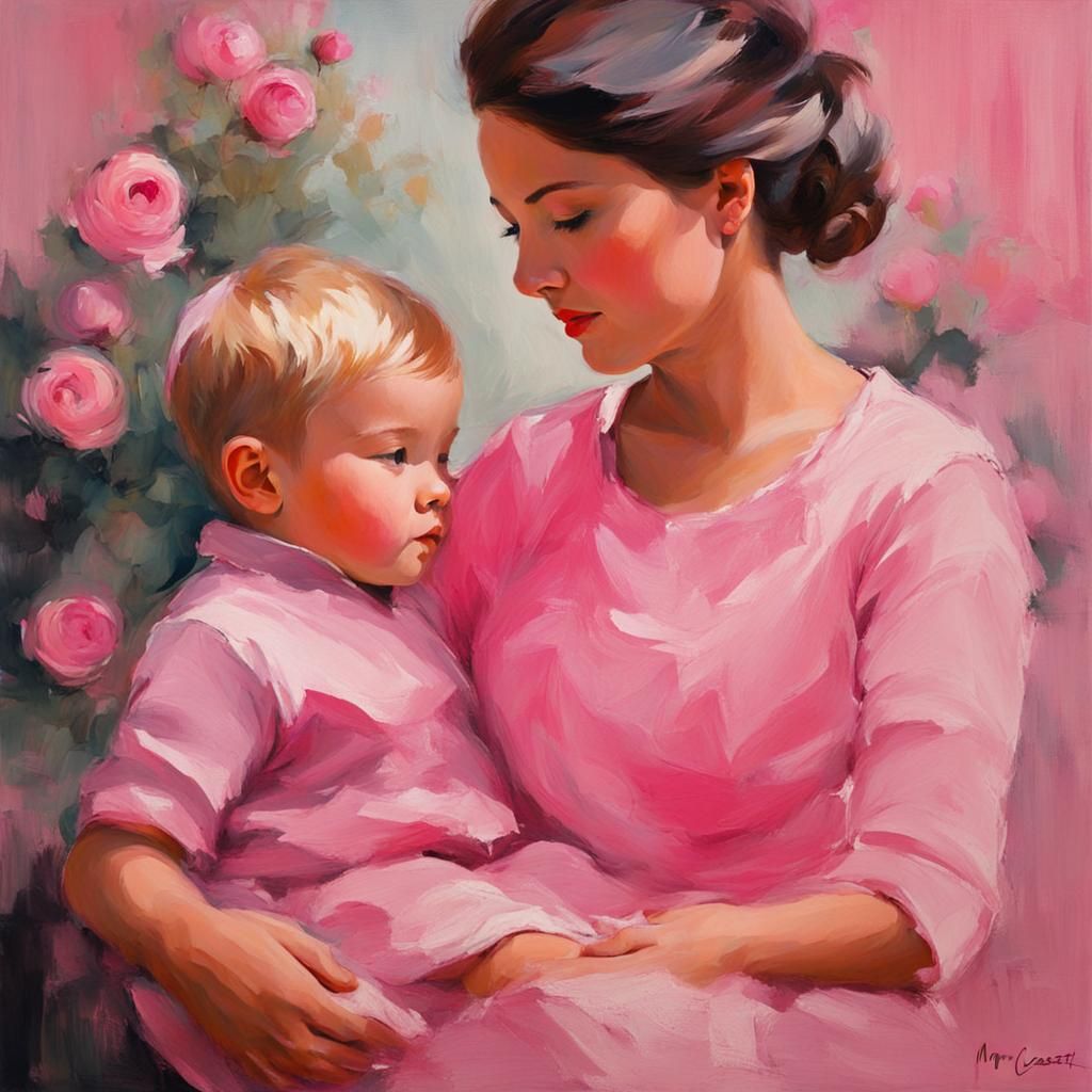 Impressionistic Mother and Son in Pink Hues
