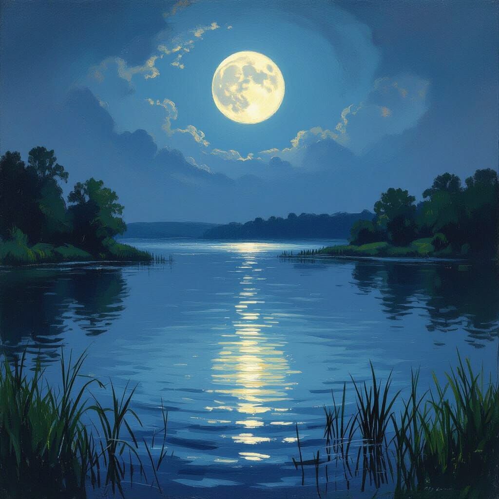 Moonlit Lake Landscape in Impressionist Style