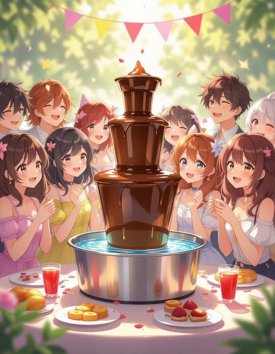 Joyful Anime Party Around Chocolate Fountain