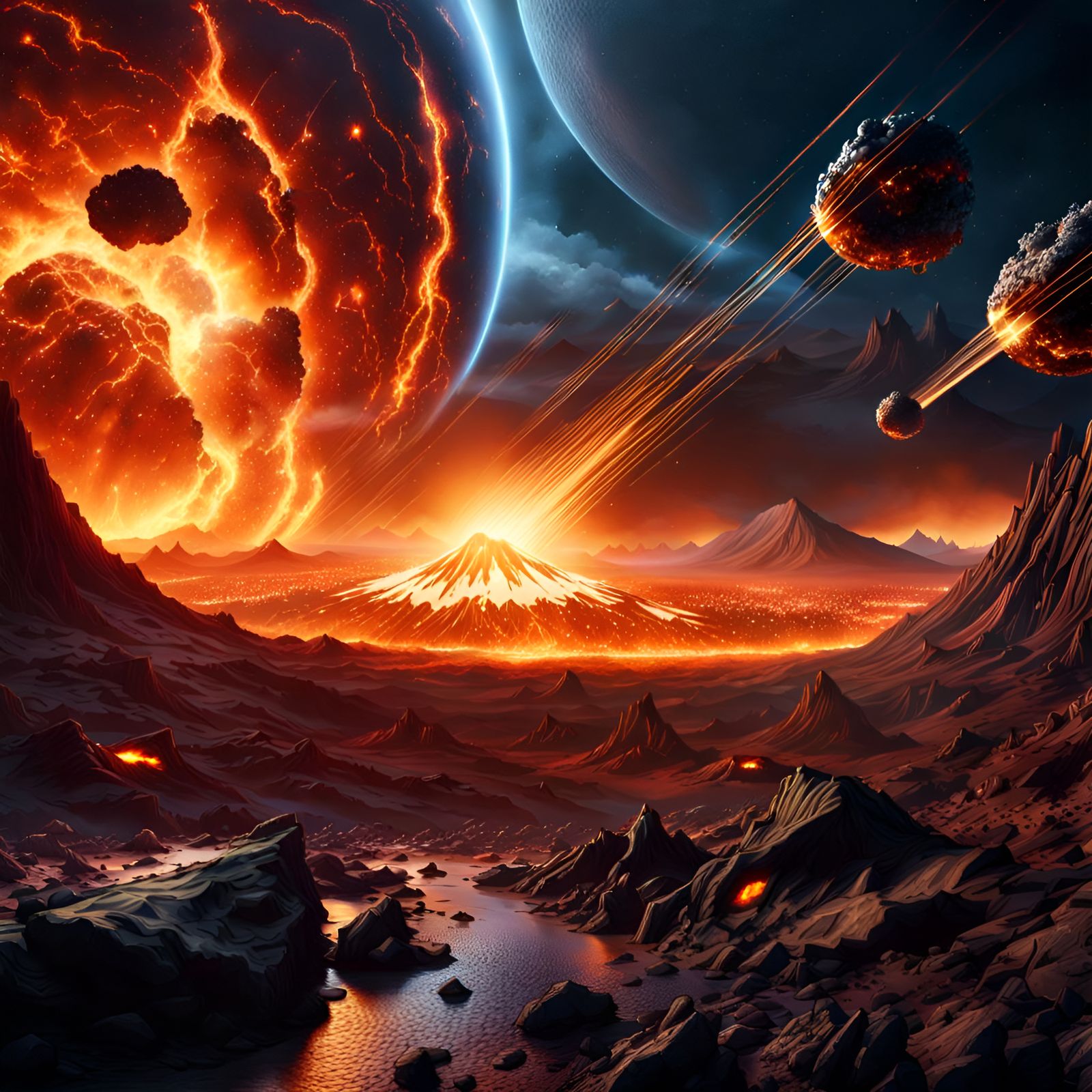 Fiery Meteor Shower Over Earth Landscape in Apocalyptic Art