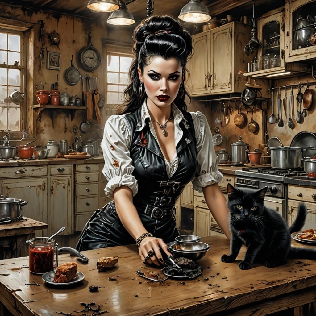 Rockabilly Woman with Kitten: Acrylic Painting