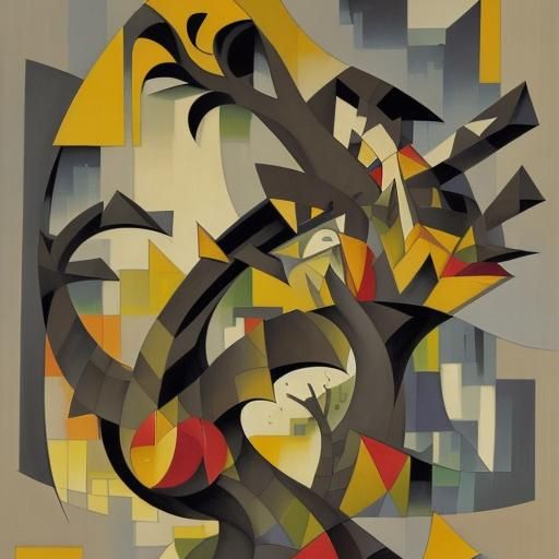 Surreal Tree with Mixed Fruit in Cubist Style