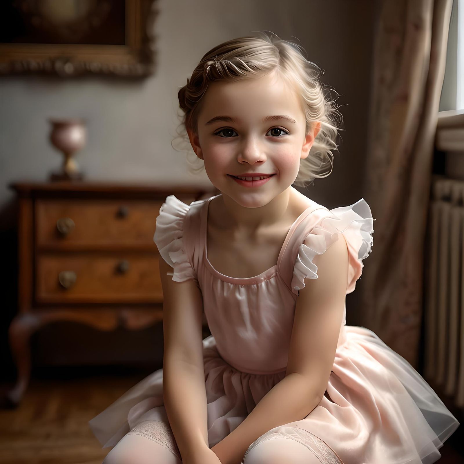 Cute Girl in Ballet Outfit, 1930s Interior