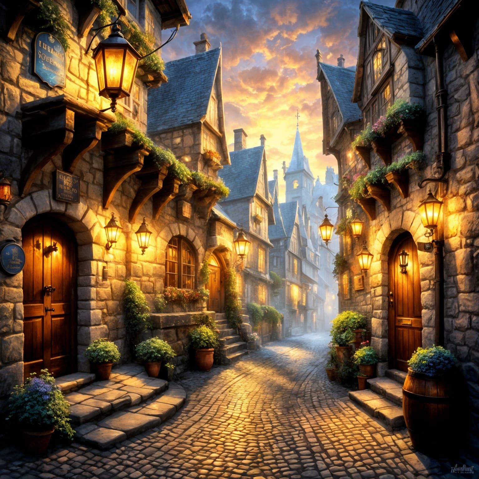 Ethereal Medieval Alleyway Pub at Night