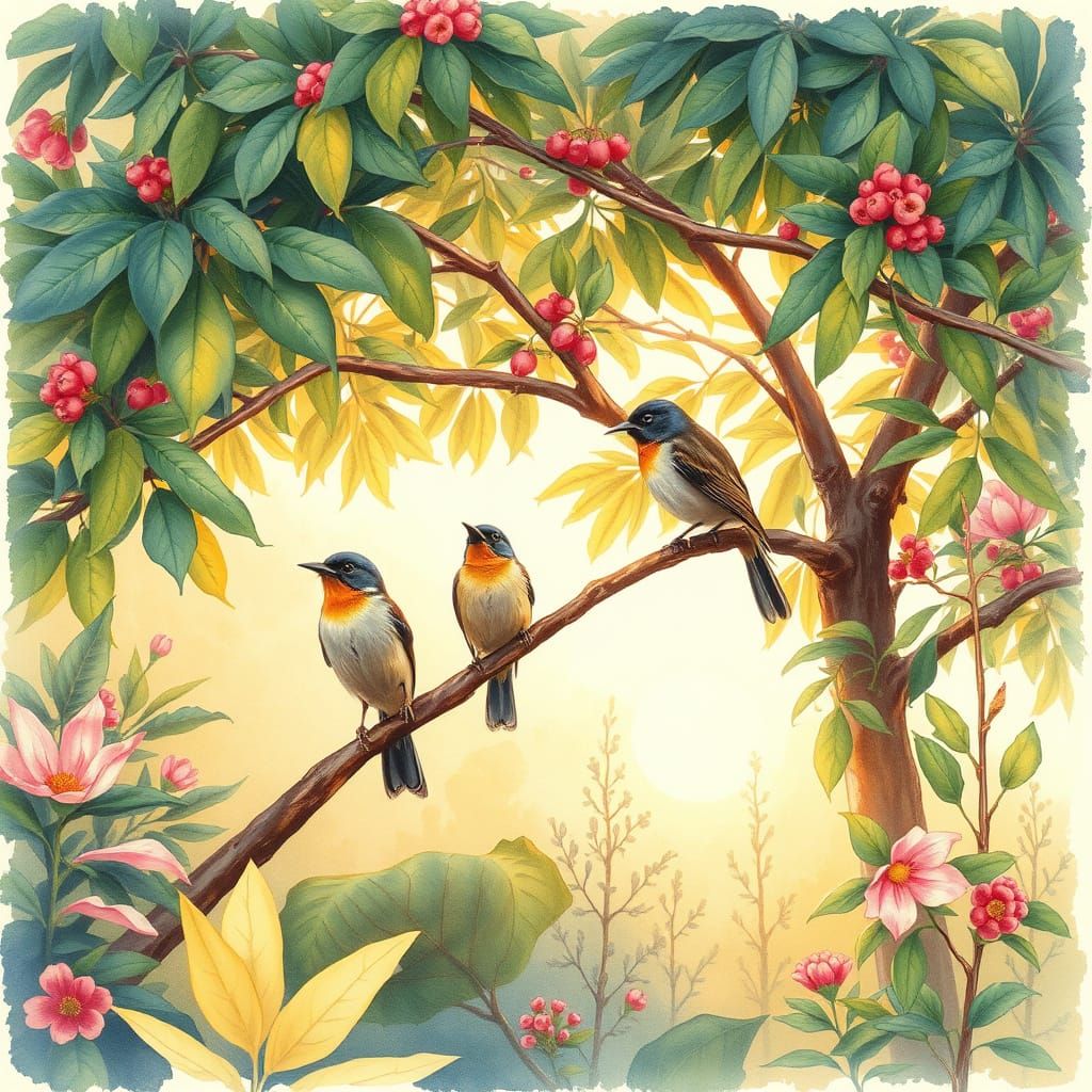 Birds in Tree at Dawn in Watercolor Style