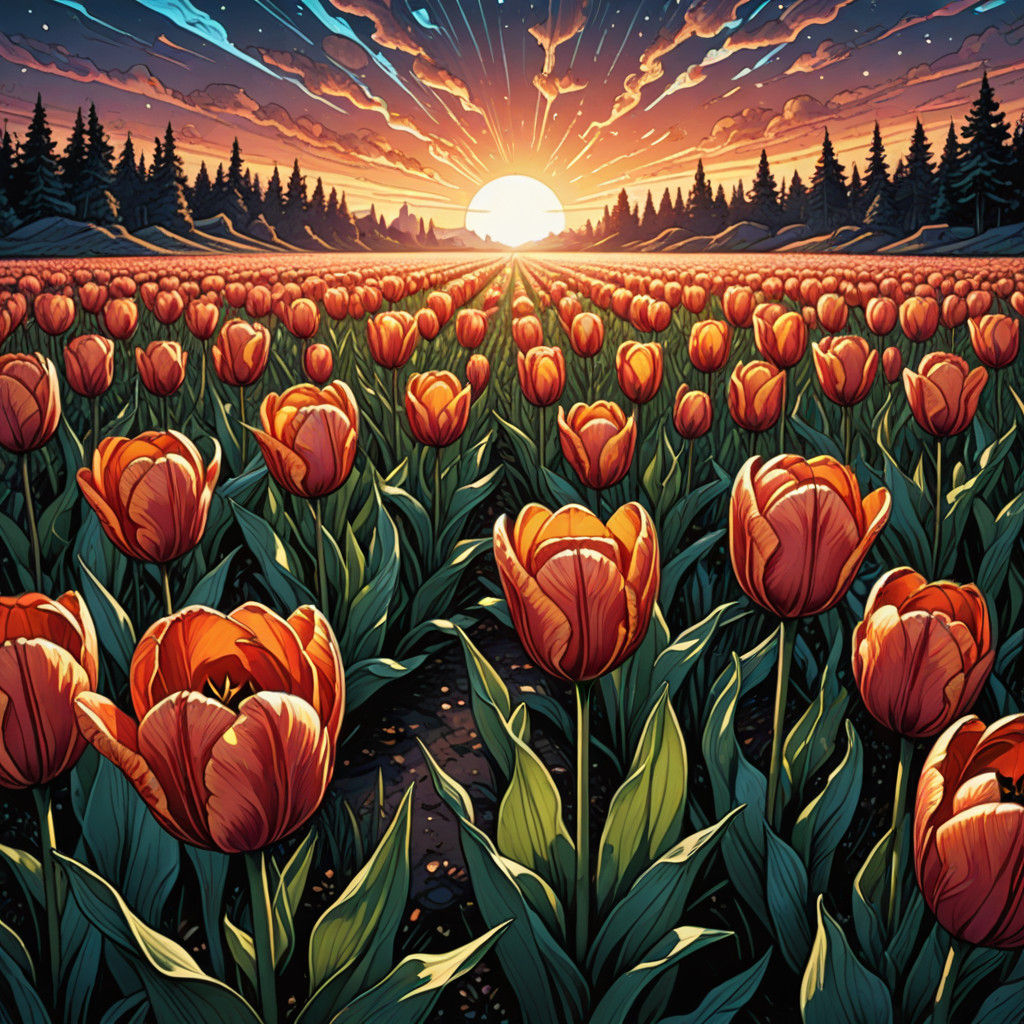 Vibrant Iridescent Tulip Blooms in Dreamlike Comic Book Real...