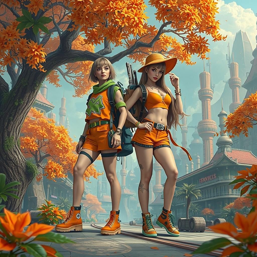 Trendy Characters in Futuristic Cityscape Sunset