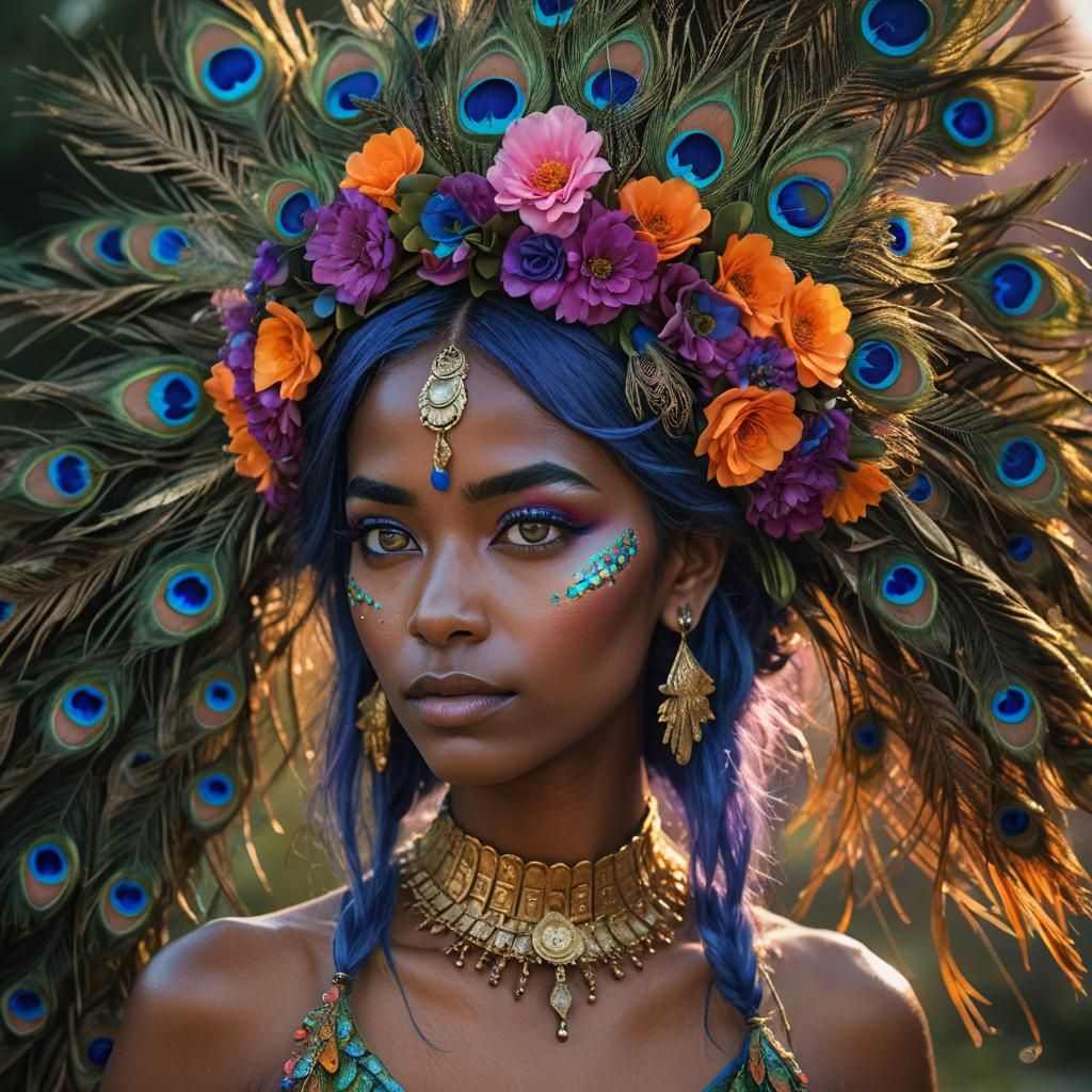 Peacock Haired Woman Portrait in Hyper-Realistic Style