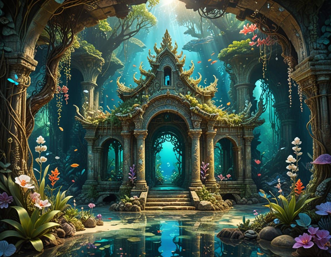 Surreal abstract underwater ancient ruins of a shimmering op...
