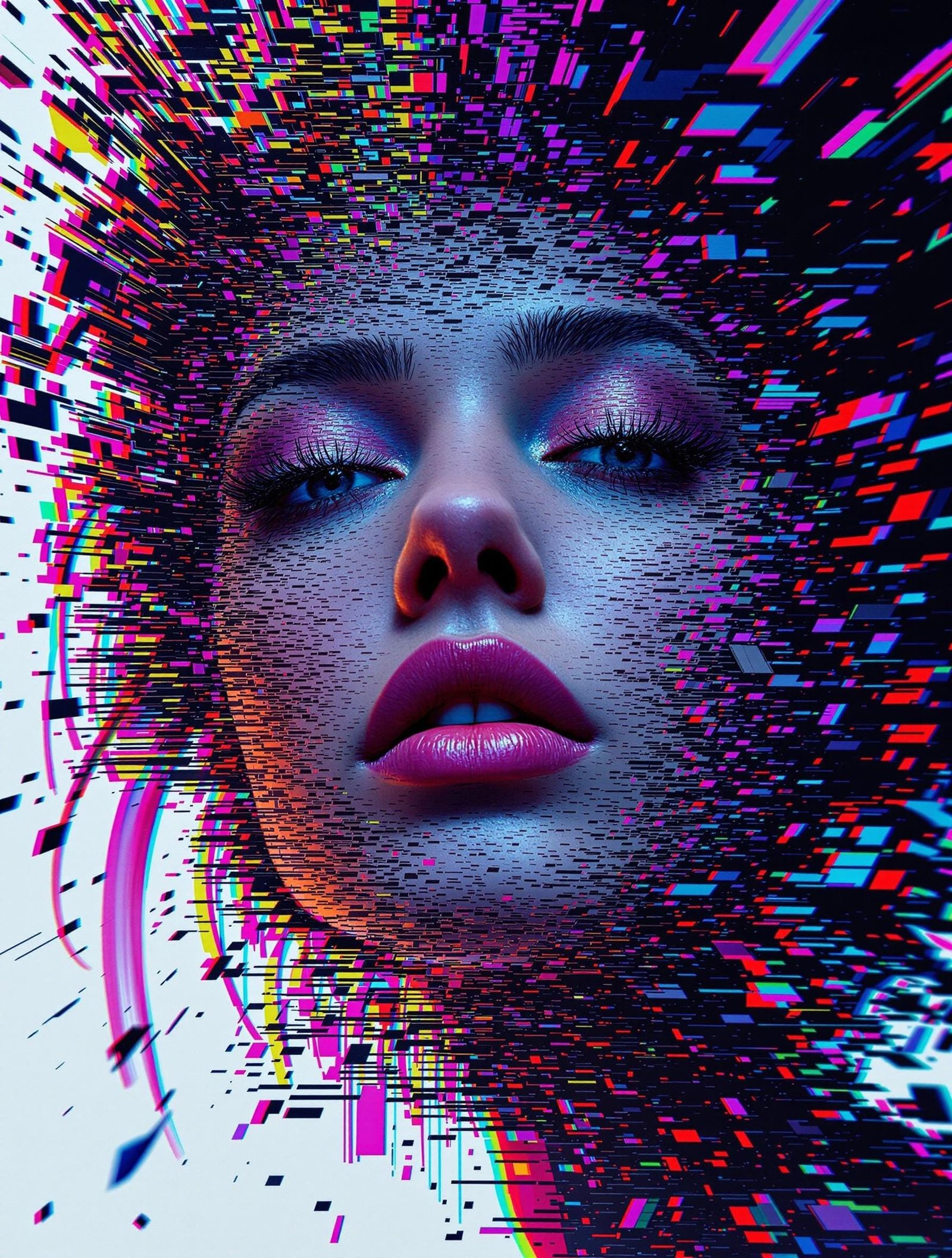 Glitch Art Portrait of Woman with Pixelated Fragments