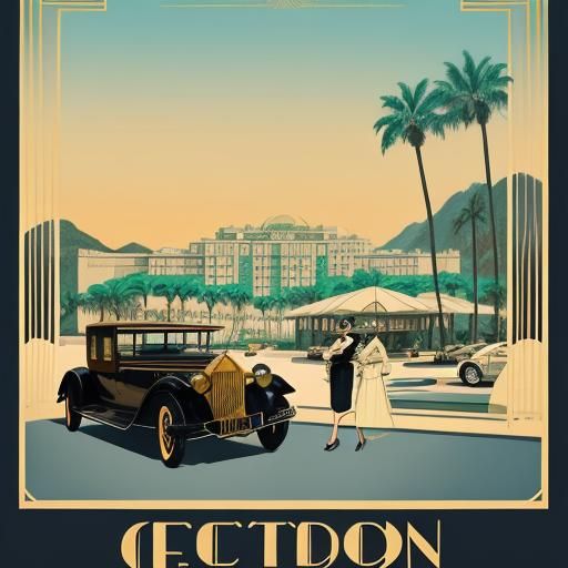 Elegant Woman at Art Deco Hotel: Retro Travel Poster