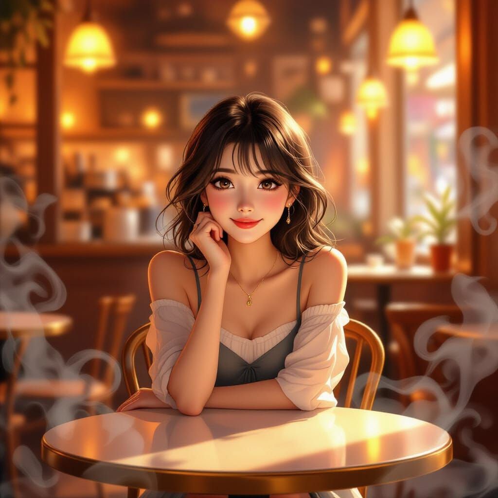 Cozy Cafe Portrait of Woman, Oil Anime Style