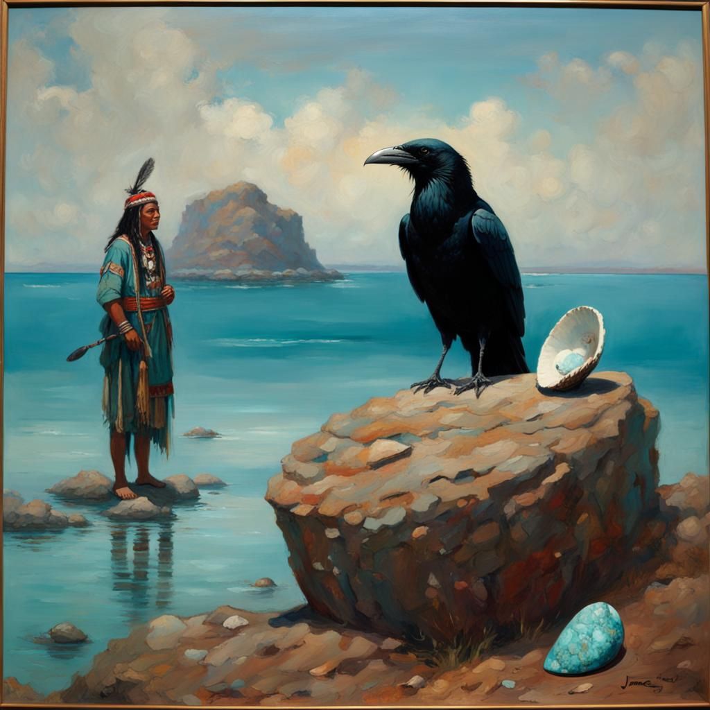 Raven Beckons Indigenous People in Seashell, Gurney Style
