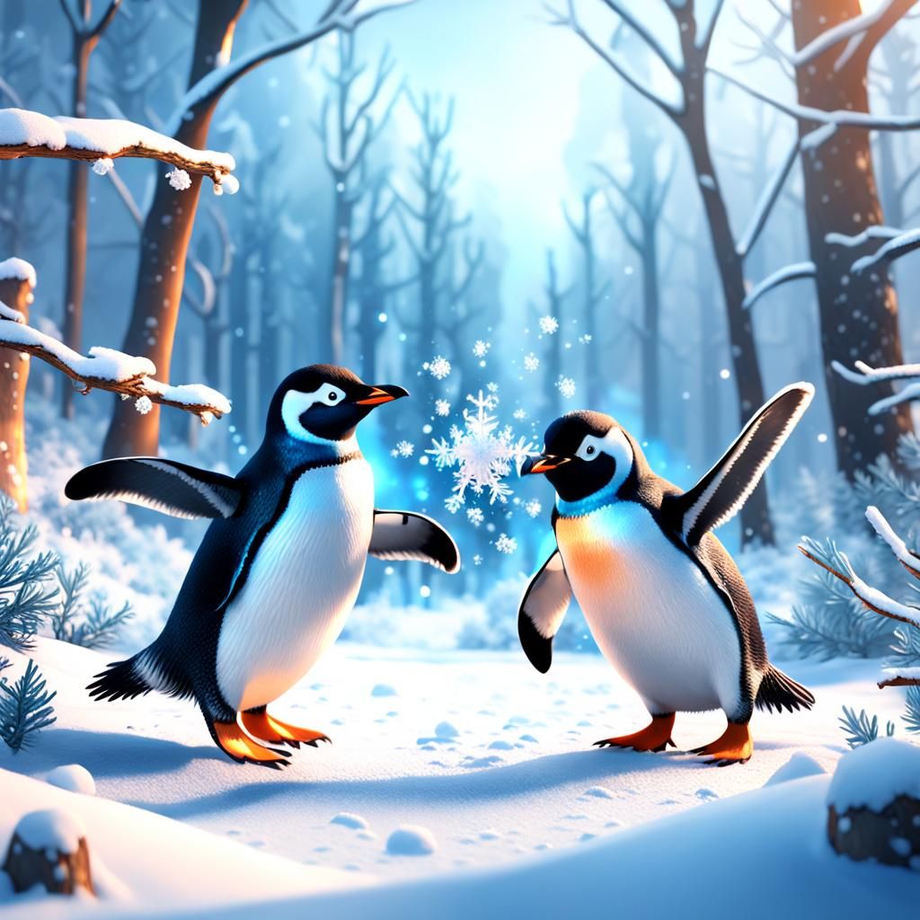 Penguins Snowball Fight in Snowy Forest, Fantasy Art