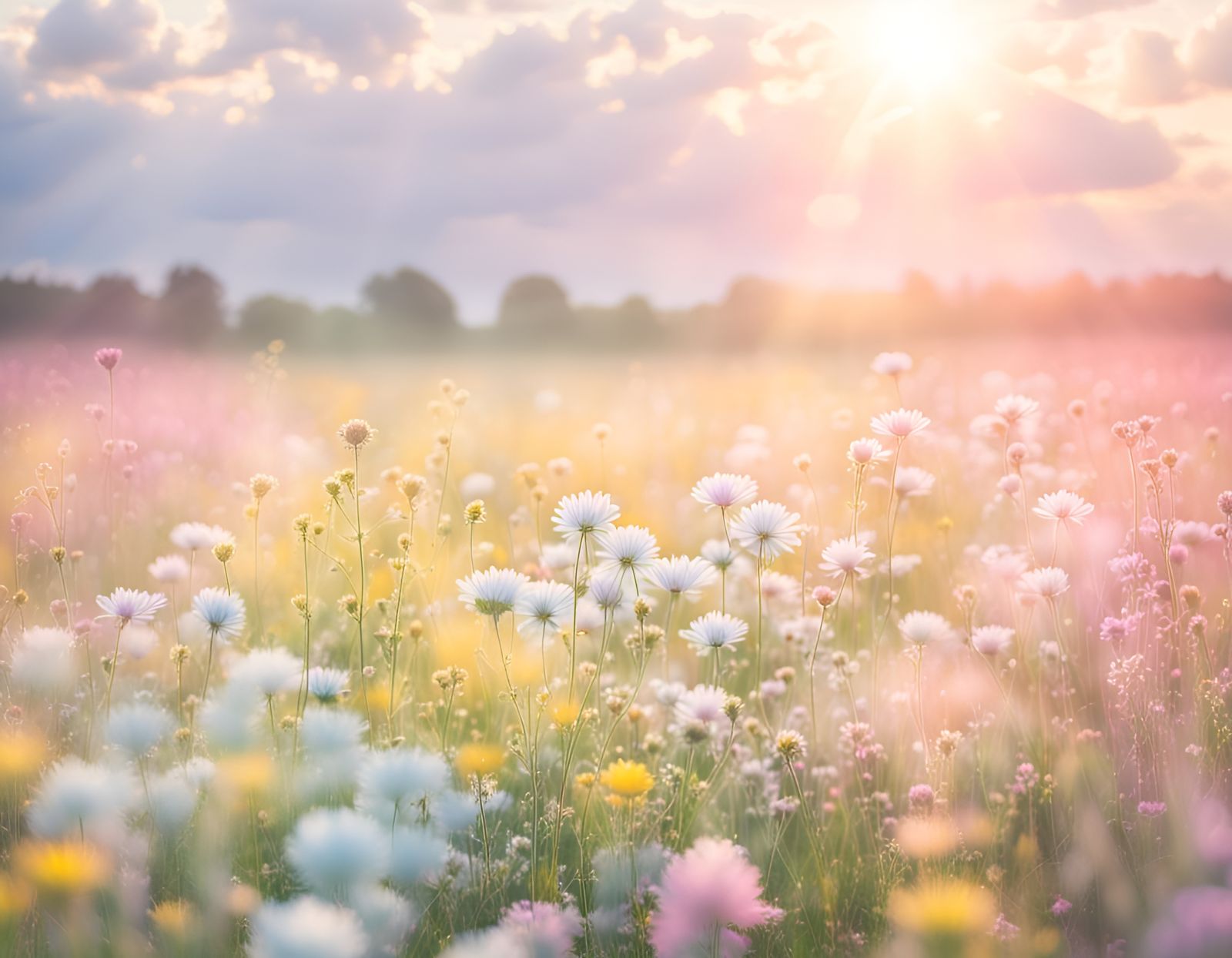 Pastel Flower Field with Divine Sunshine