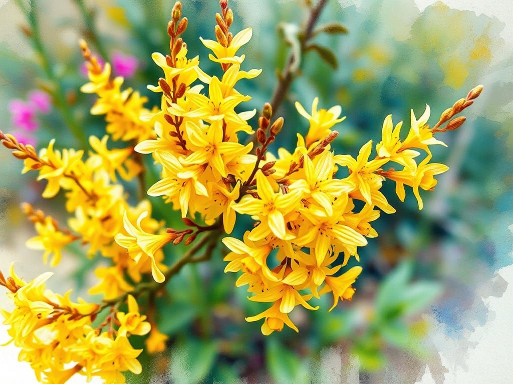 Forsythia Bush in Bloom: Translucent Watercolor Painting