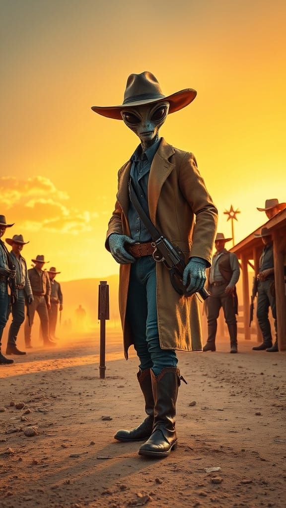 Grey Alien Gunslinger Approaches Clanton McLaury Gang in Dus...