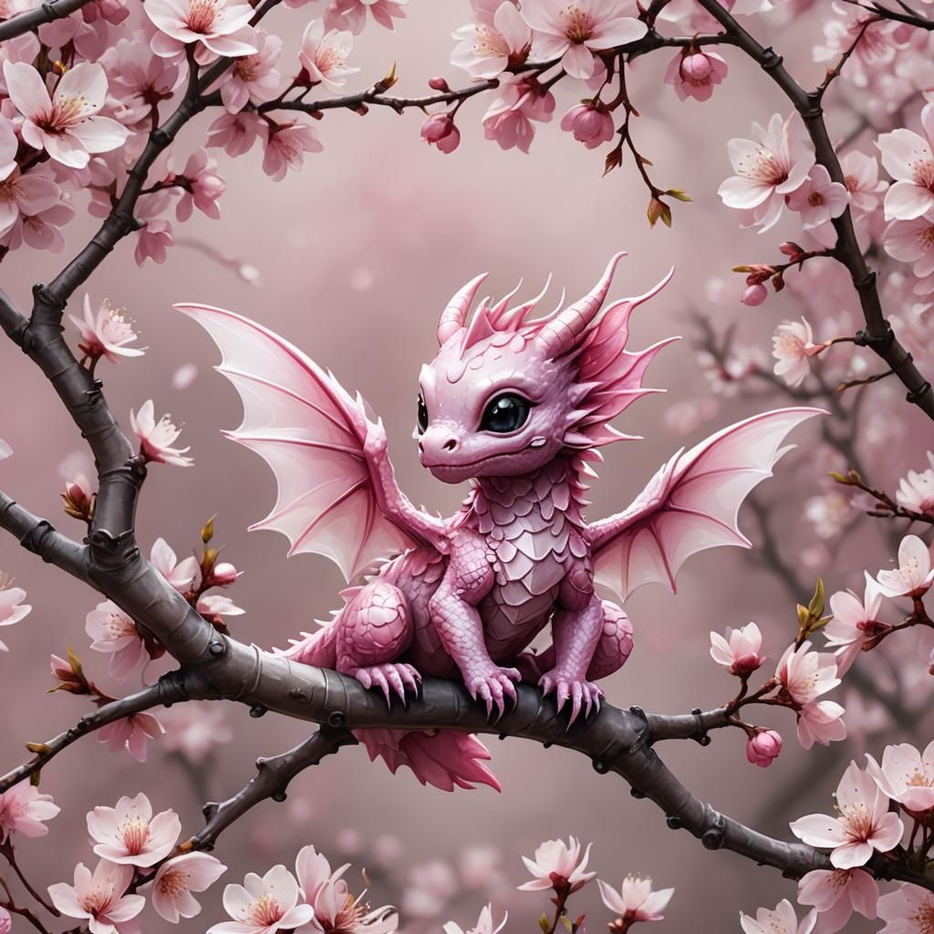Pink Baby Dragon on Cherry Blossom Branch