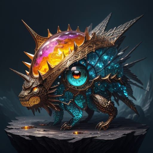 Cute Biomechanical Beast in Crystal Geode - Dark Fantasy Art