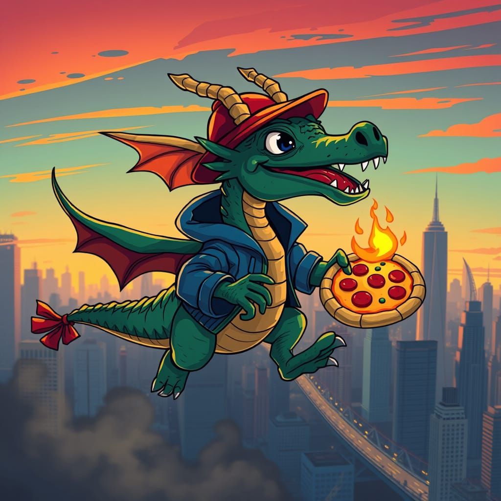 Dragon Pizza Delivery Amidst City Sunset