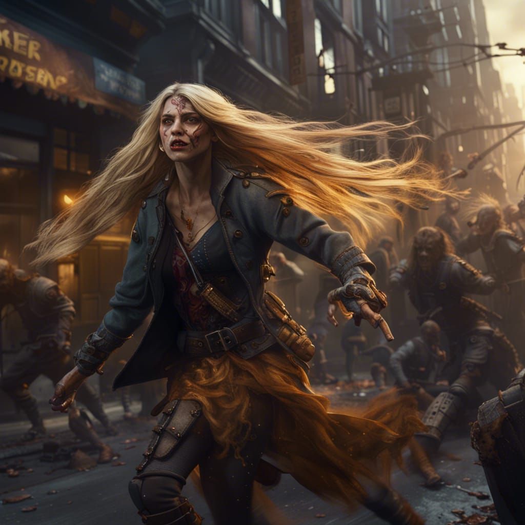 Golden-Haired Woman Fighting Zombies in Cityscape