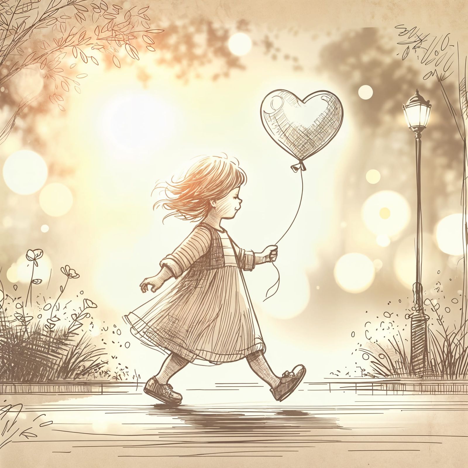 Girl Holding Glowing Heart Balloon in Sunny Park Sketch