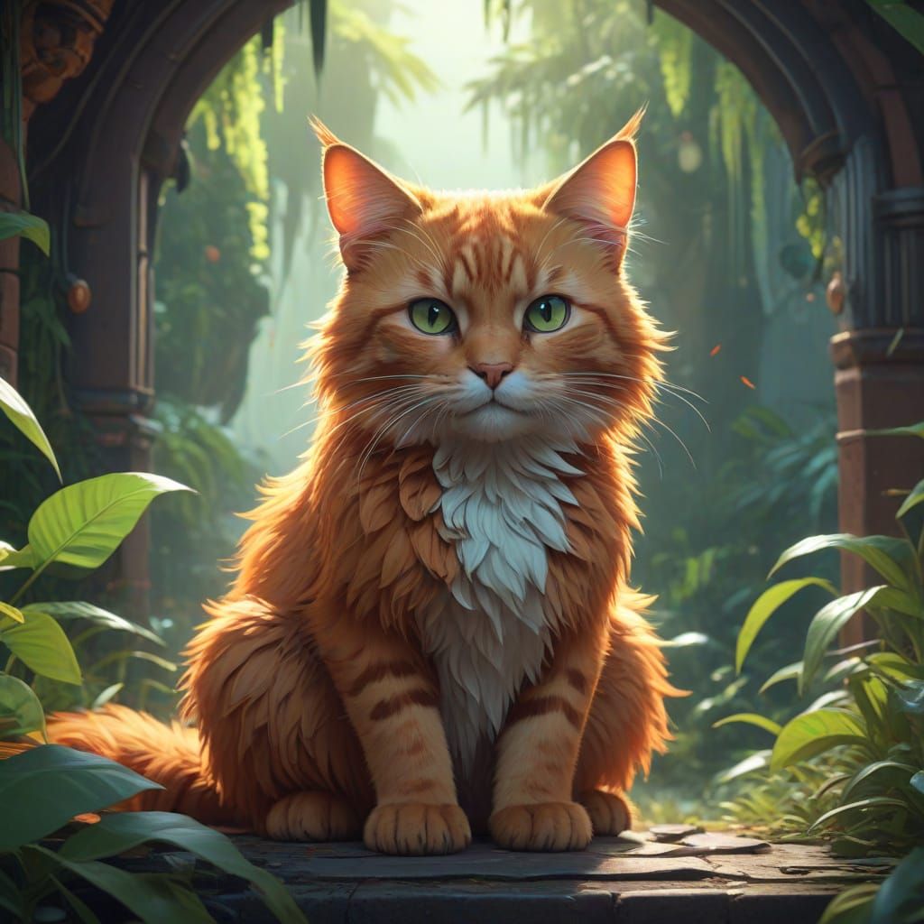 Mango-Colored Feline in Whimsical Dreamscape