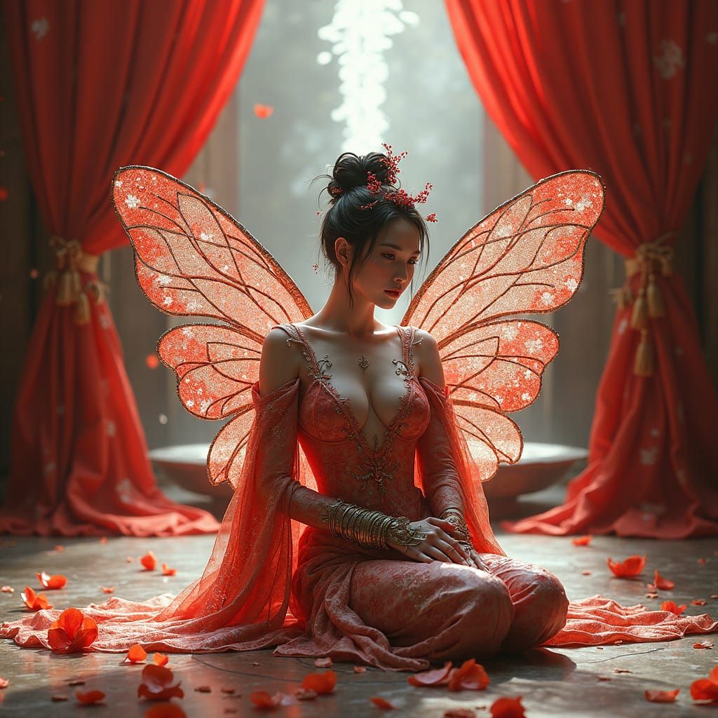 Cyborg Geisha Fairy with Etched Florals in Cyberpunk Style