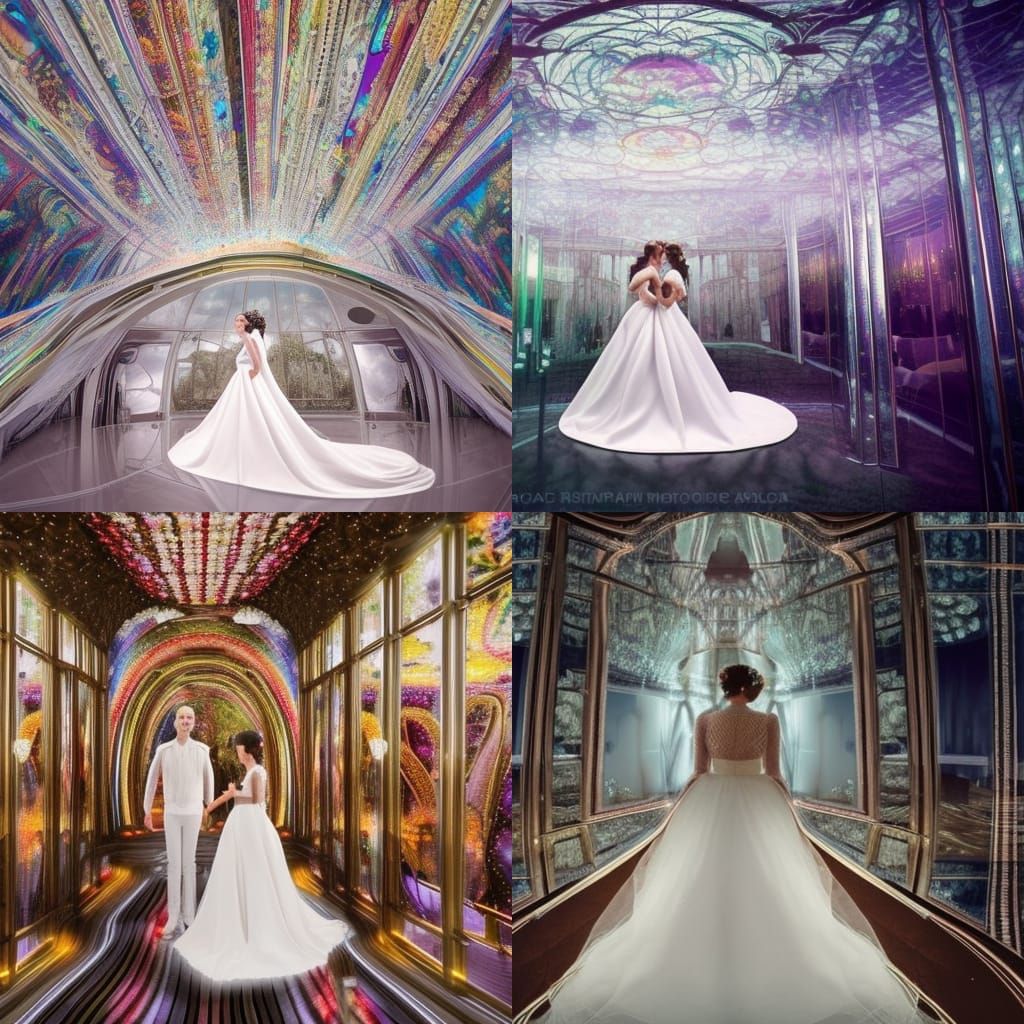 rainbow wedding dress in a mirrored room