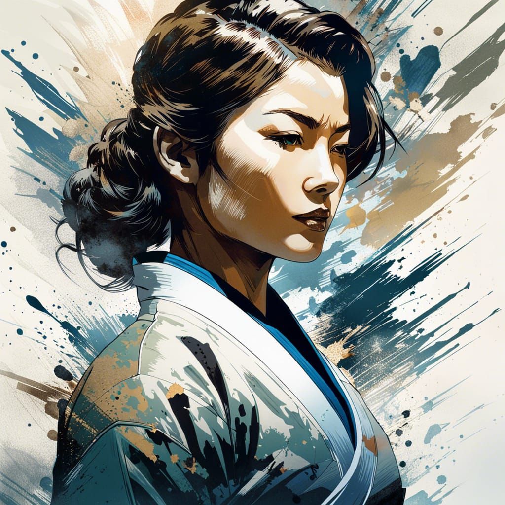 Intricate Manhwa Portrait: Judo Girl in Double Exposure