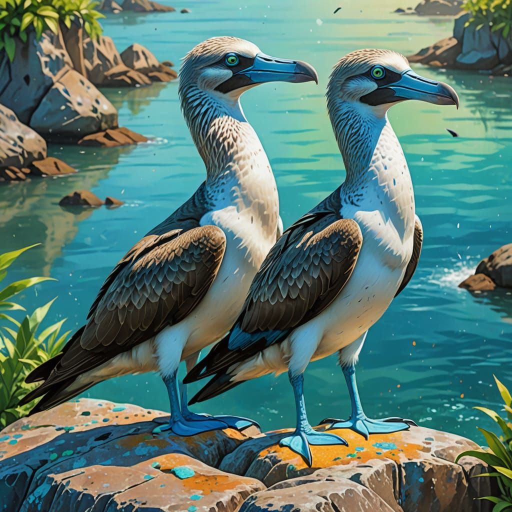 Vibrant Blue-Footed Boobies Wildlife Illustration