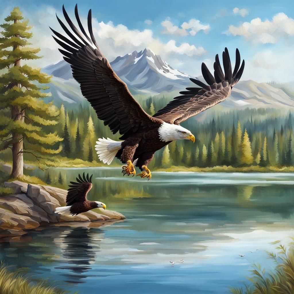 Eagle Family Flight Over Summer Lake Landscape