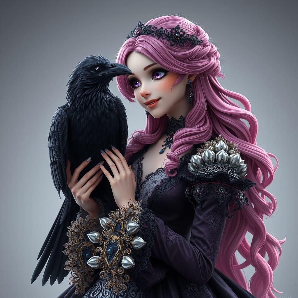 Pink-Haired Woman Petting Raven in Anime Style