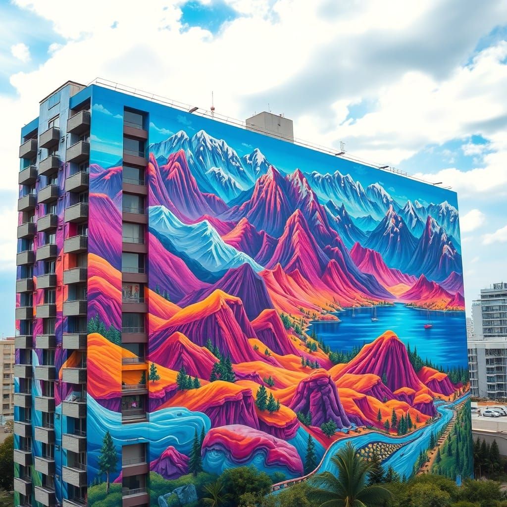 Airbrushed Landscape Mural in Futuristic Style