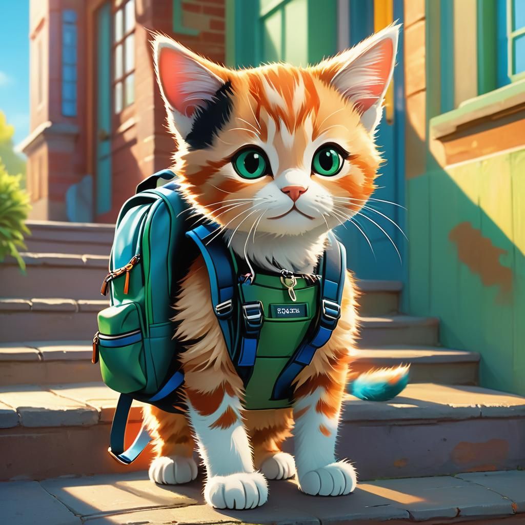 Kitten with Backpack at School Steps: Pixar Concept Art