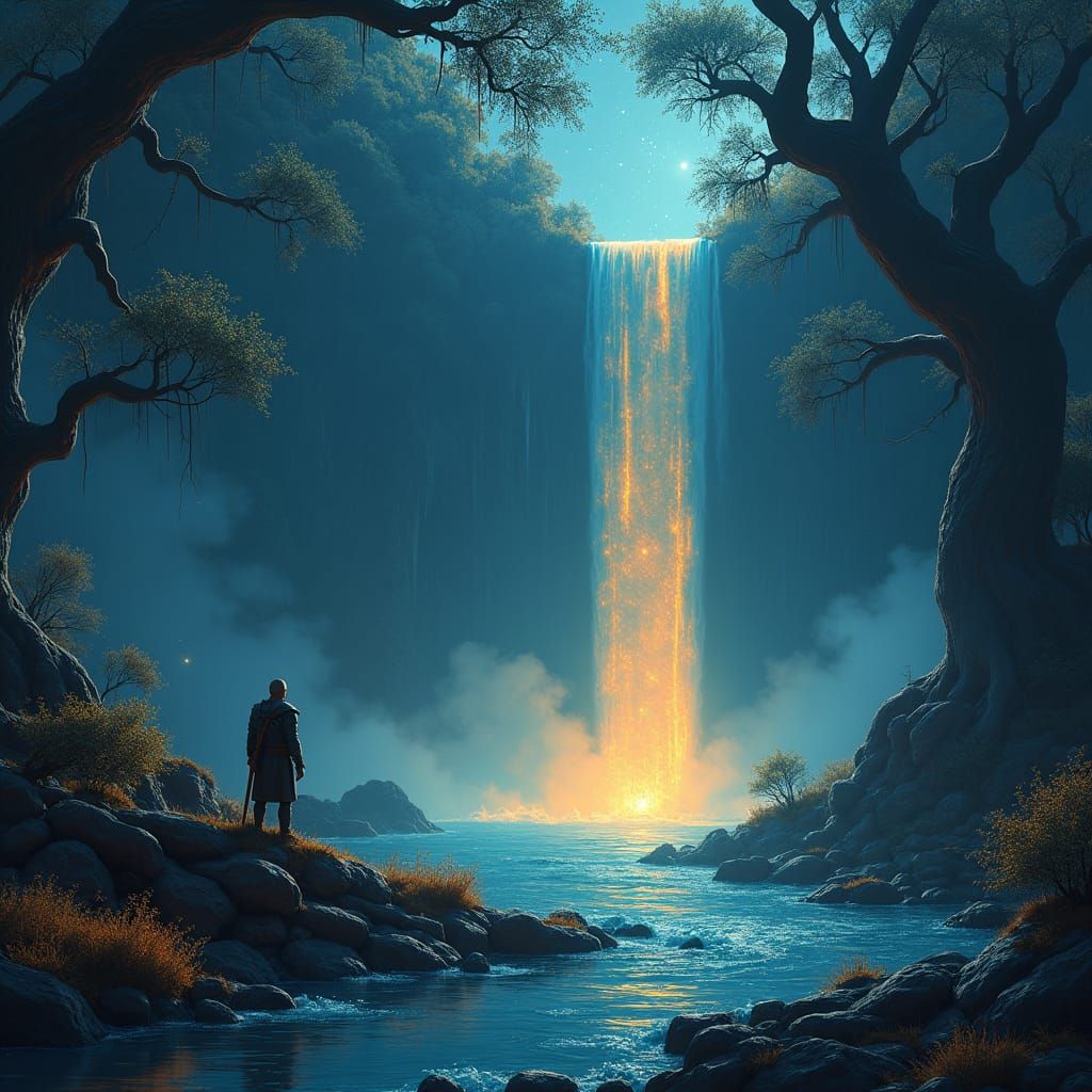 Mystical Warrior in Enchanted Forest at Night