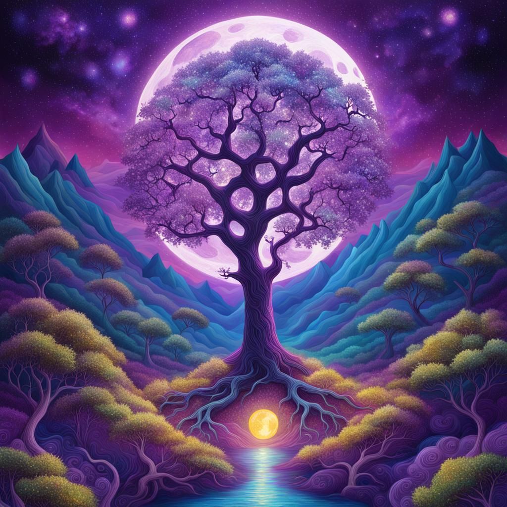 Tree of life, purple, moon, mystical, fairytale
