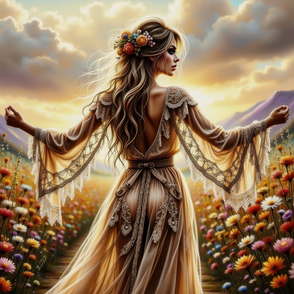 Mystical Boho Goddess in a Field of Flowers