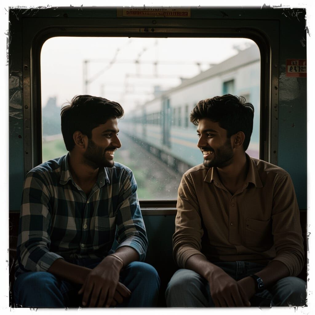 Candid Train Conversation: Indian Men in Realistic Style