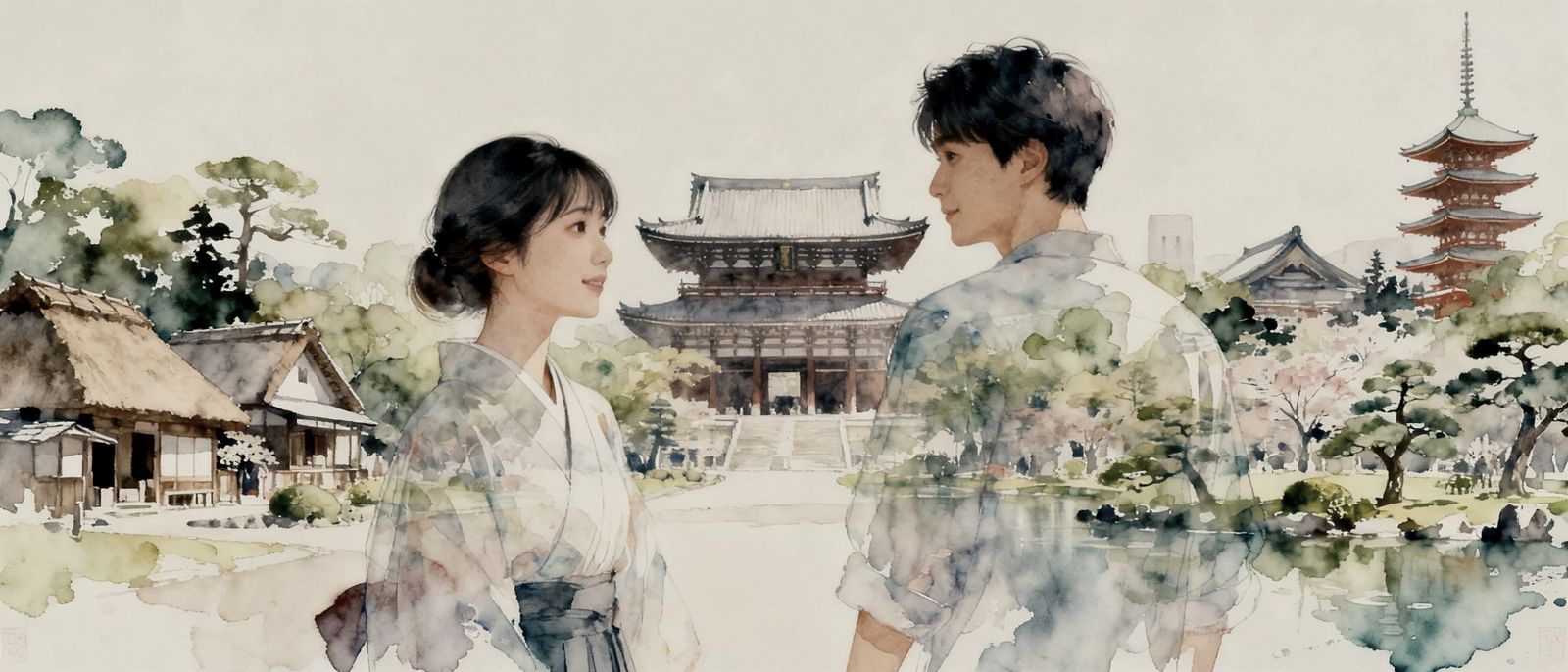 Double Exposure: Japanese Figures Amidst Historic Landmarks