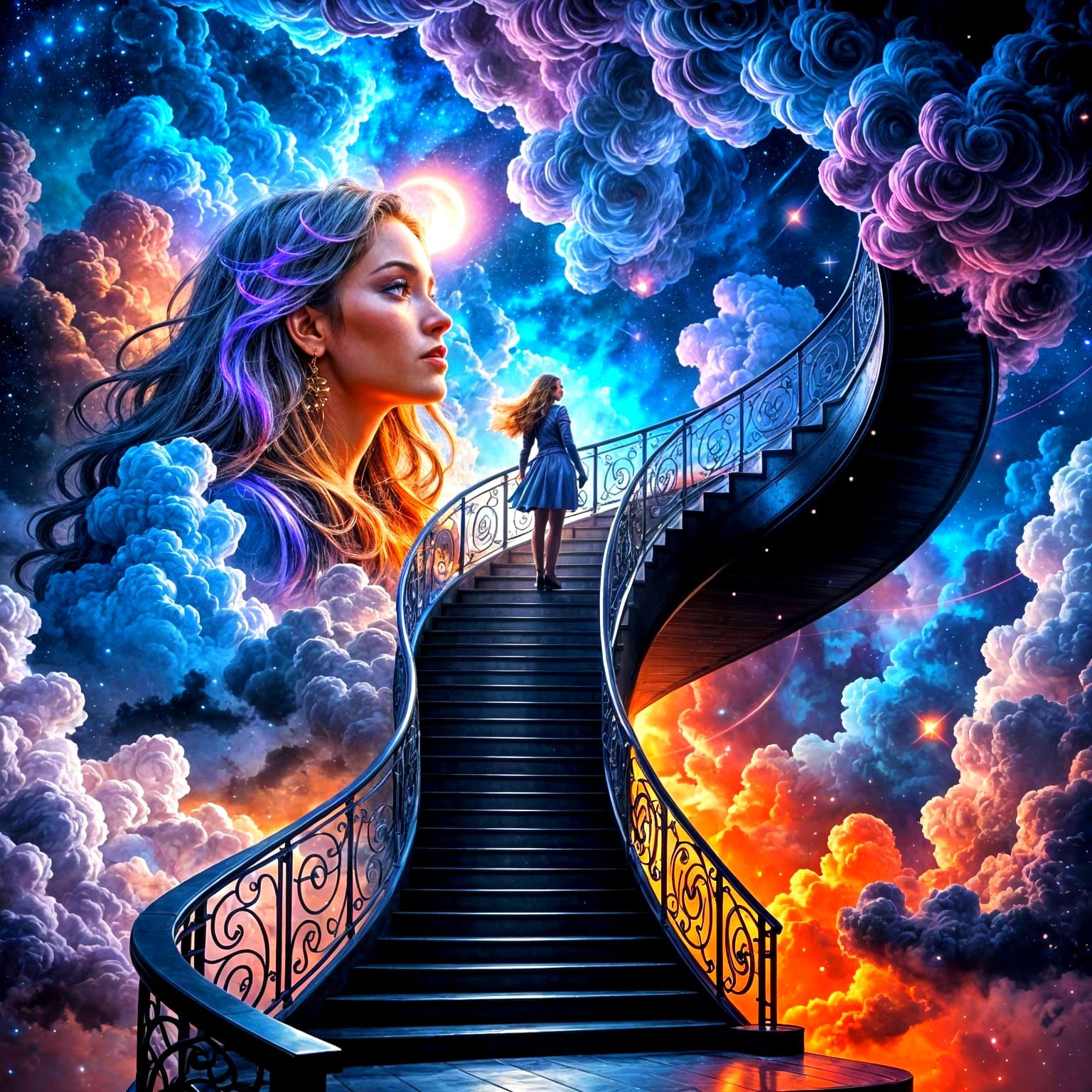 Ethereal Staircase Ascension in Vibrant Cosmic Dreamscape