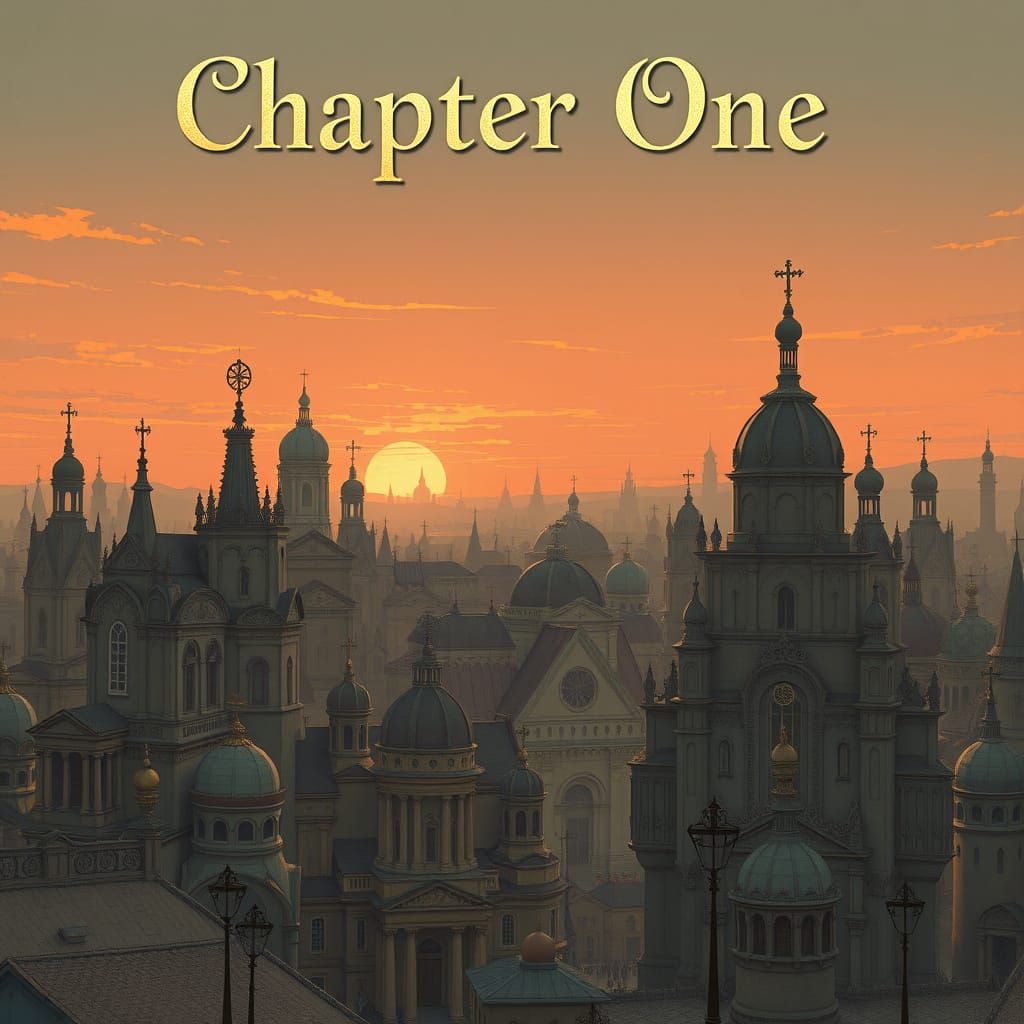 Metropolis Sunset: Ornate Churches in Retro-Futuristic Style