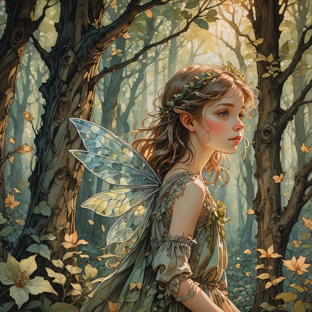 Girl and Fairy in Forest: Gouache Stained Glass Painting