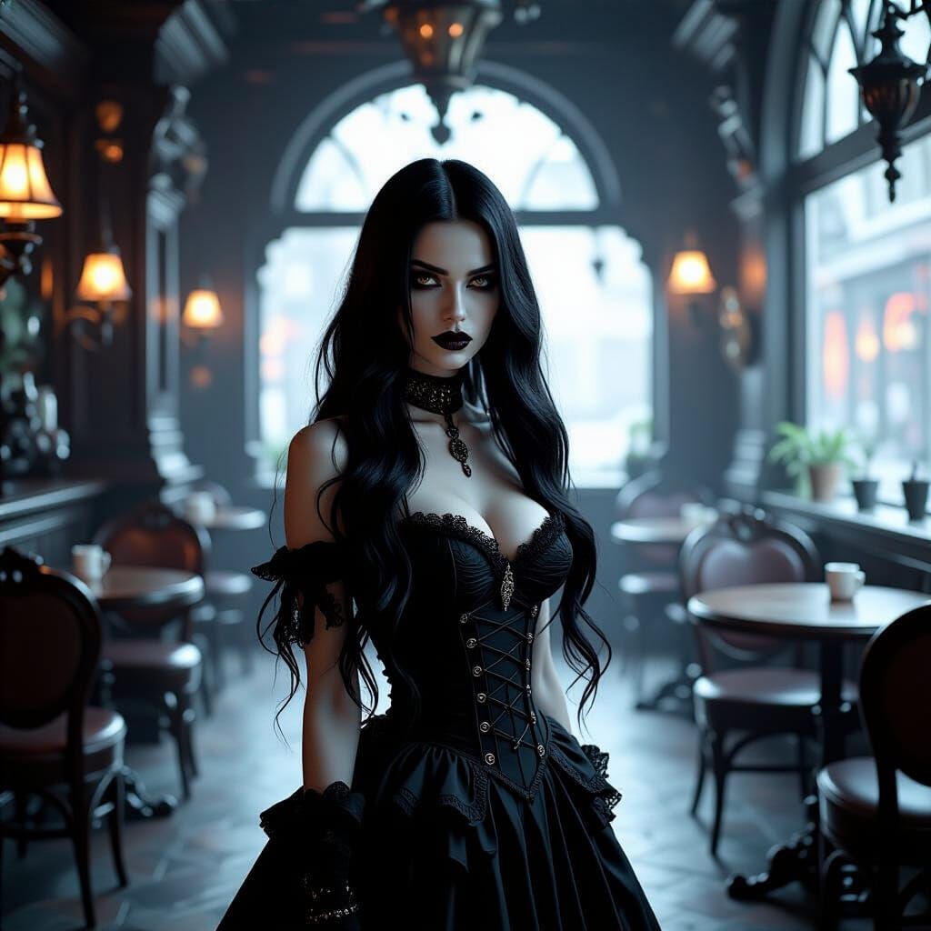 Goth Model in Surreal Coffee Shop
